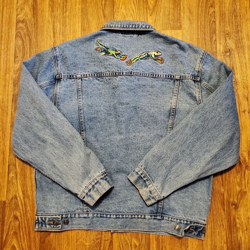 Vintage Denim Jacket Women Medium Blue Jean Frog Embroidered‎ Natural Wonders - Picture 3 of 7